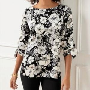 Talbots Tie Sleeve Top Floral Marigold Zinnia